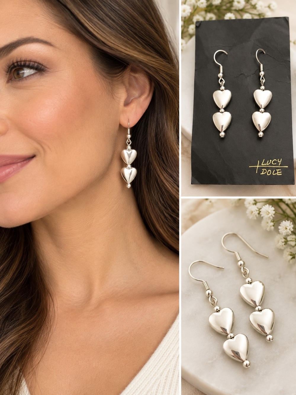 Silver Tone Double Heart Drop LUCY DOLE Earrings
